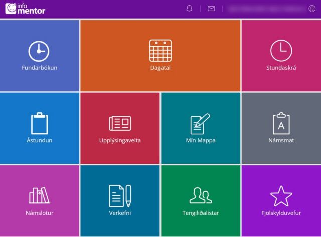 Minn Mentor er svæði nemenda og aðstandenda bæði í appi og á vef. Þar má finna ýmsar upplýsingar varðandi skólagönguna sem ræðst af því hvað skólinn setur inn. Flísar sem almennt eru opnar eru t.d. Ástundun, Námsmat, Verkefni, Stundaskrá, Tengiliðalistar, Dagatal, Upplýsingaveita og Mín Mappa. Ef notandi skráir sig í gegnum vefinn er hægt að opna flís sem heitir Fjölskylduvefur sem er eldra viðmót og ekki aðgengilegt í appinu. Á Fjölskylduvefnum geta aðstandendur t.d. búið til ný lykilorð fyrir börn sín undir flipanum Nemandi.

Notendur stilla persónuverndarstillingar með því að smella á nafnið sitt, þar er líka stillt hvort og þá hvað birtist undir Tengiliðaflísinni. Notendur fá sendar tilkynningar um ýmsar skráningar t.d. heimavinnu, nýtt námsmat o.fl. en hver og einn notandi getur stillt hvort hann vilji fá tilkynningar eða ekki. Frekari upplýsingar um Minn Mentor er að finna á heimasíðunni undir Aðstoð https://www.infomentor.is/adstod/#algengar-spurningar  en þar er bæði að finna spurningar og svör og PDF skjöl með handbókum. 😊ℹ