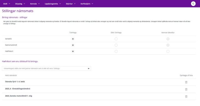 Moli vikunnar fjallar um birtingu námsmats enda margir skólar með ýmiskonar námsmat í desember og janúar.  Það er misjafnt hvort skólar kjósi að hafa alltaf allt námsmat í birtingu eða loka fyrir það tímabundið. 
👉Skólastjórnendur geta farið í stillingar og valið að taka úr birtingu allar námskrár og verkefni eða setja í birtingu. Þeir geta einnig valið einstaka námskrár þar sem námsmat á ekki að vera í birtingu án þess að námsmat í öllum námskrám skólans sé tekið úr birtingu. 
👉Við vekjum athygli á því að kennarar hafa stjórn á birtingu námsmats í námslotum (opið auga/lokað auga) og skólastjórnendur geta valið möguleikann að leyfa kennurum að stýra birtingu námskráa sjálfir.