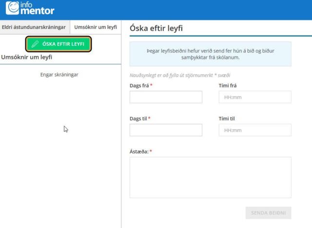 Margir skólar nýta sér möguleikan á rafrænum leyfisbeiðnum. Þessi viðbót auðveldar aðstandendum að óska eftir leyfi, lengur en í tvo daga, fyrir barnið sitt rafrænt. Þegar skólinn hefur samþykkt beiðnina sjá aðstandendur það á Minn Mentor. Allar beiðnir og samþykktar umsóknir eru svo geymdar rafrænt bæði á svæði aðstandenda og innan skólans. 
Skólar sem áhuga hafa á að bæta þessari einingu við kerfið geta haft samband við raðgjafa okkar með því að senda póst á radgjafar@infomentor.is eða í síma 520 5310.
